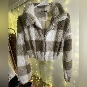 SHEIN Plushy Cropped Plaid Jacket